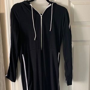 Black hooded sports striped zip jumpsuit